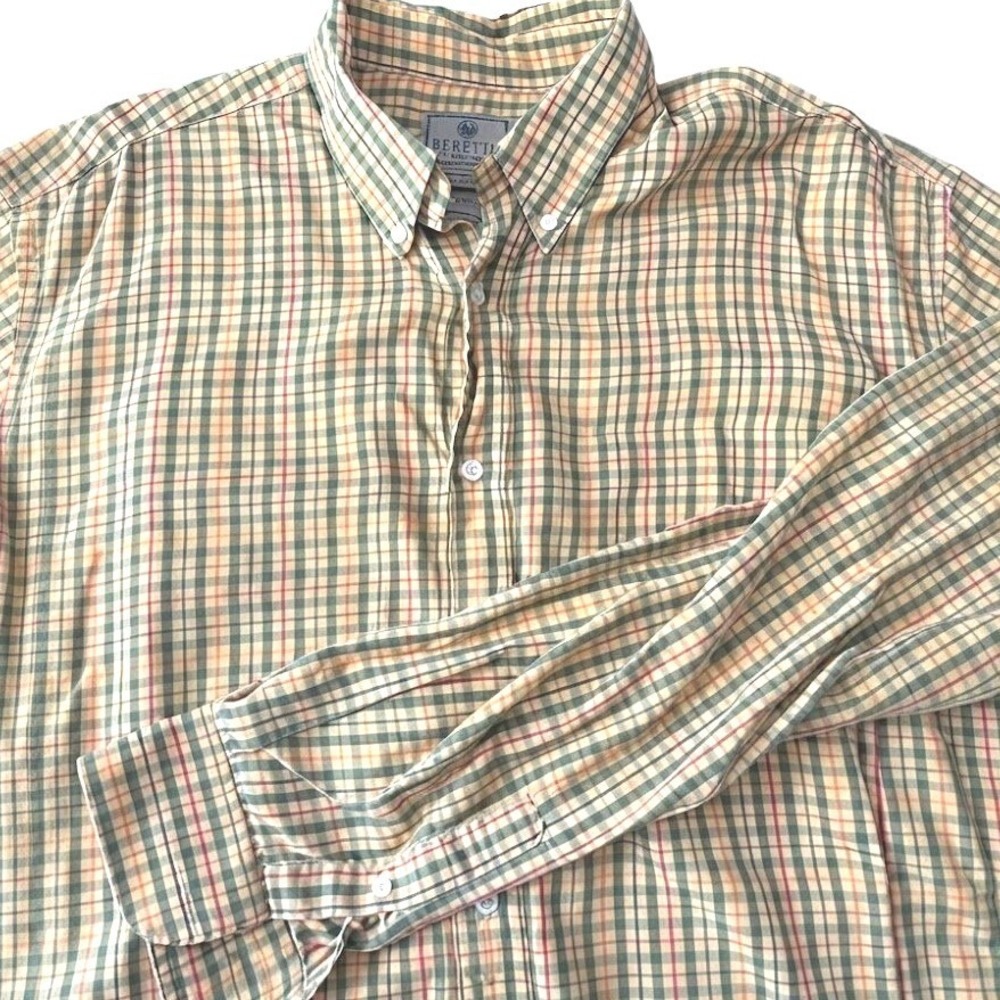 Beretta Button Down Shirt Mens Large Yellow Green Plaid Cotton Long Sleeve